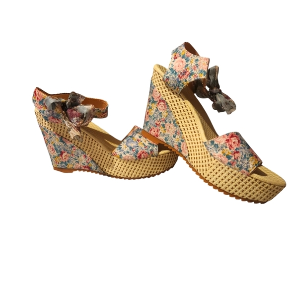 Lace Bow Knot Fashion Flower Print Ankle Tie Wedge Heels - Picture 1 of 8